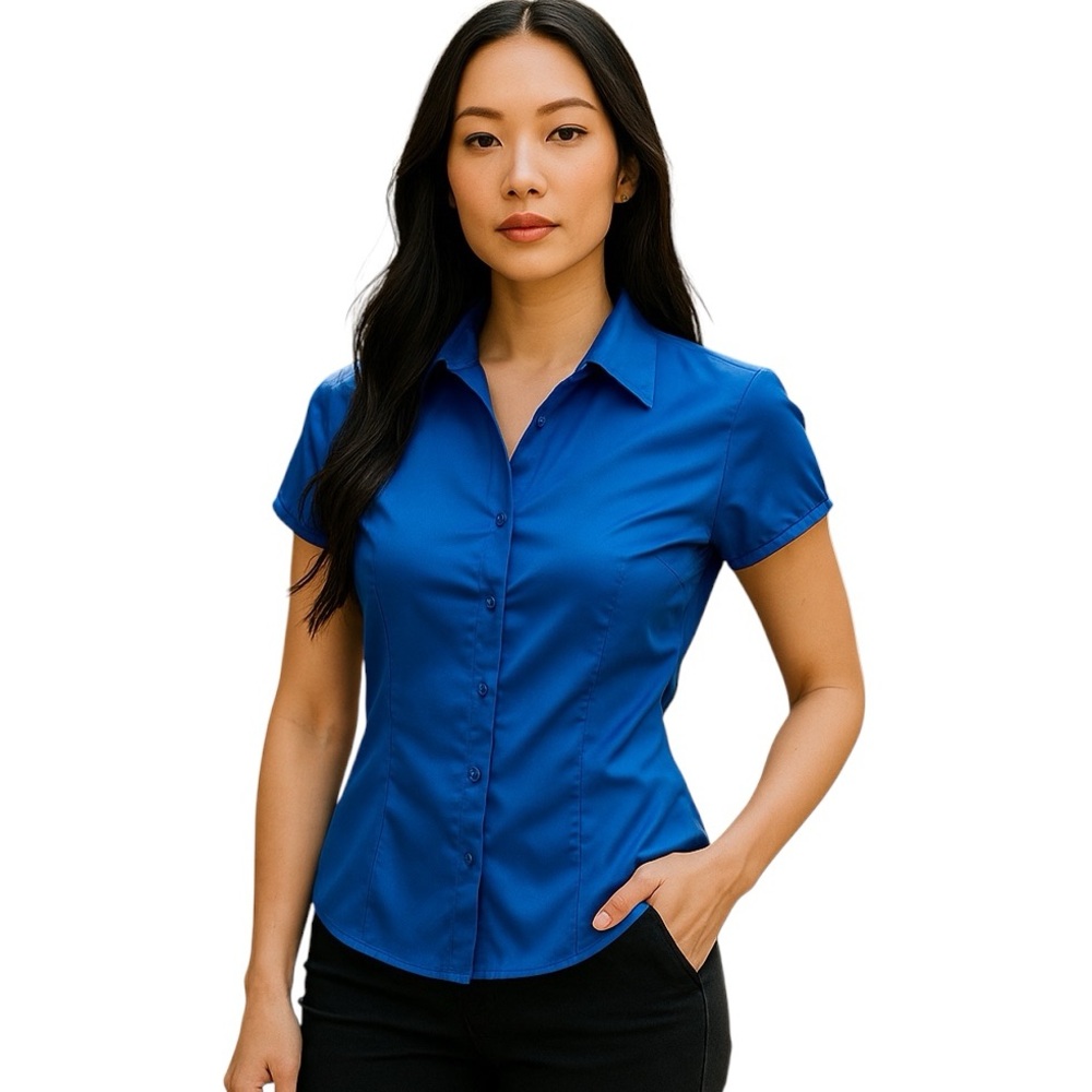 Ann Taylor Short-Sleeve Button-Front Blouse in Royal Blue